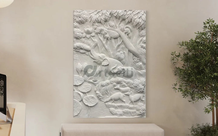 Nature inspired 3D Relief Mural Set - Elephant Deer Trees Option 2 / WHITE