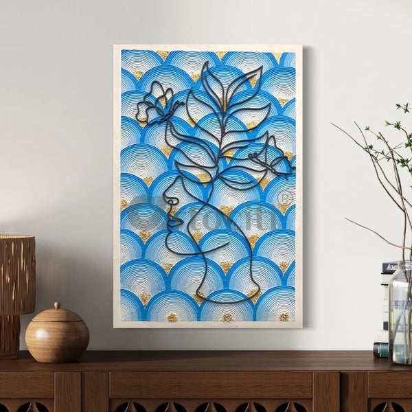 Ocean Muse - 3D Abstract Women Flower Waves in Blue & Golden Highlights Abstract Art 24X16 Inches