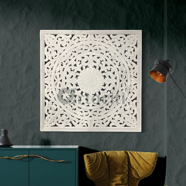 Oriental Wooden Hand Carved Mural Wall Art Wooden Wall art 36X36 Inch / White