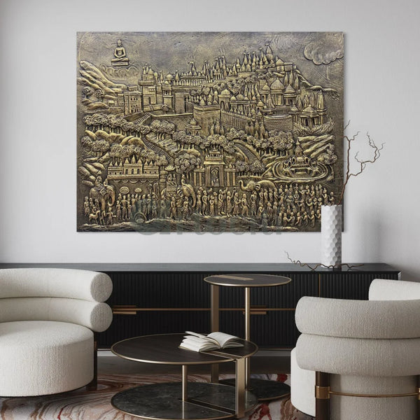 Palitana Shatrunjay Mountain 3D Relief Mural Art 4X3 / Unframed / GOLD