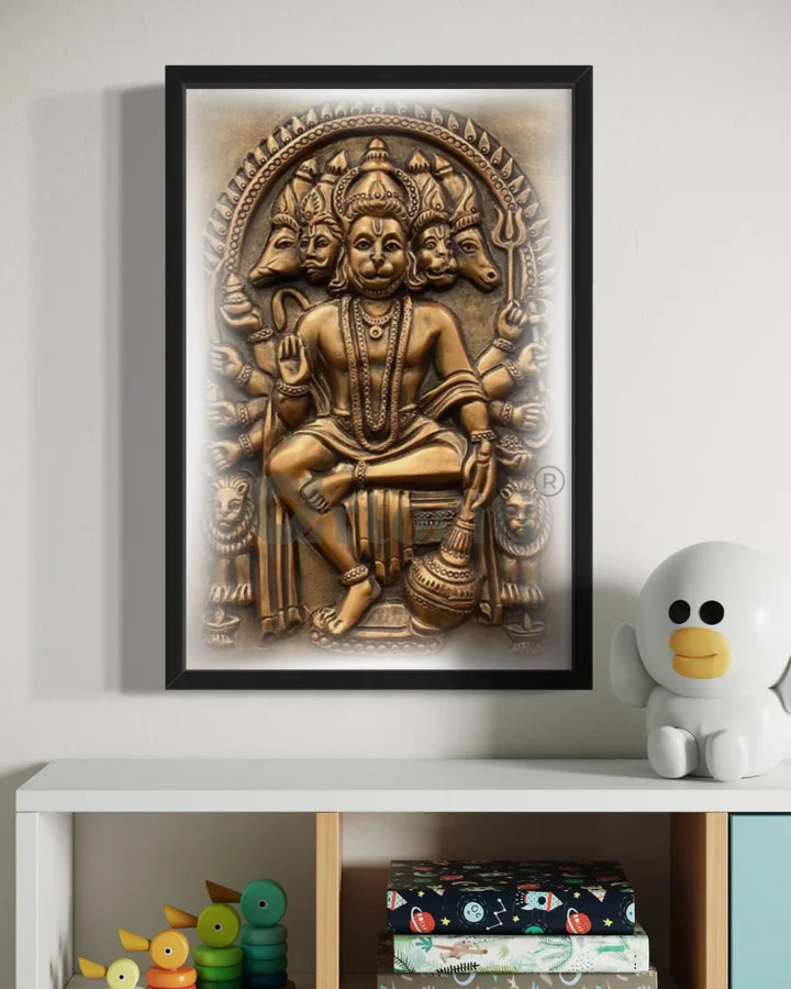 Panchmukhi Hanuman 3D Relief Mural Wall Art in 3 sizes 18X12 Inch / Antique Bronze / Frame with Led (Black)