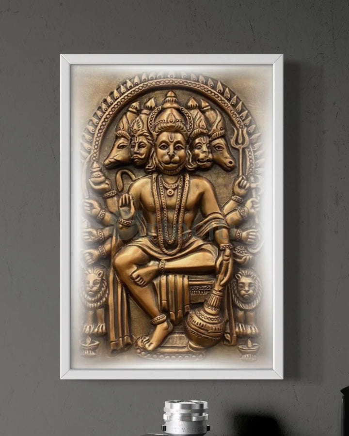 Panchmukhi Hanuman 3D Relief Mural Wall Art in 3 sizes 18X12 Inch / Antique Bronze / Frame with Led (White)