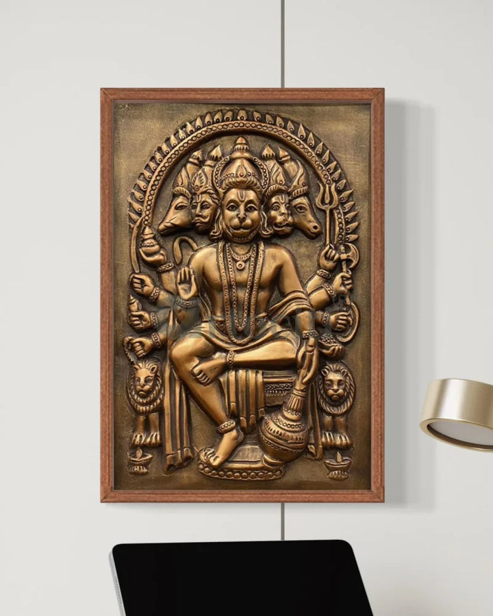 Panchmukhi Hanuman 3D Relief Mural Wall Art in 3 sizes 18X12 Inch / Antique Bronze / Wooden Frame