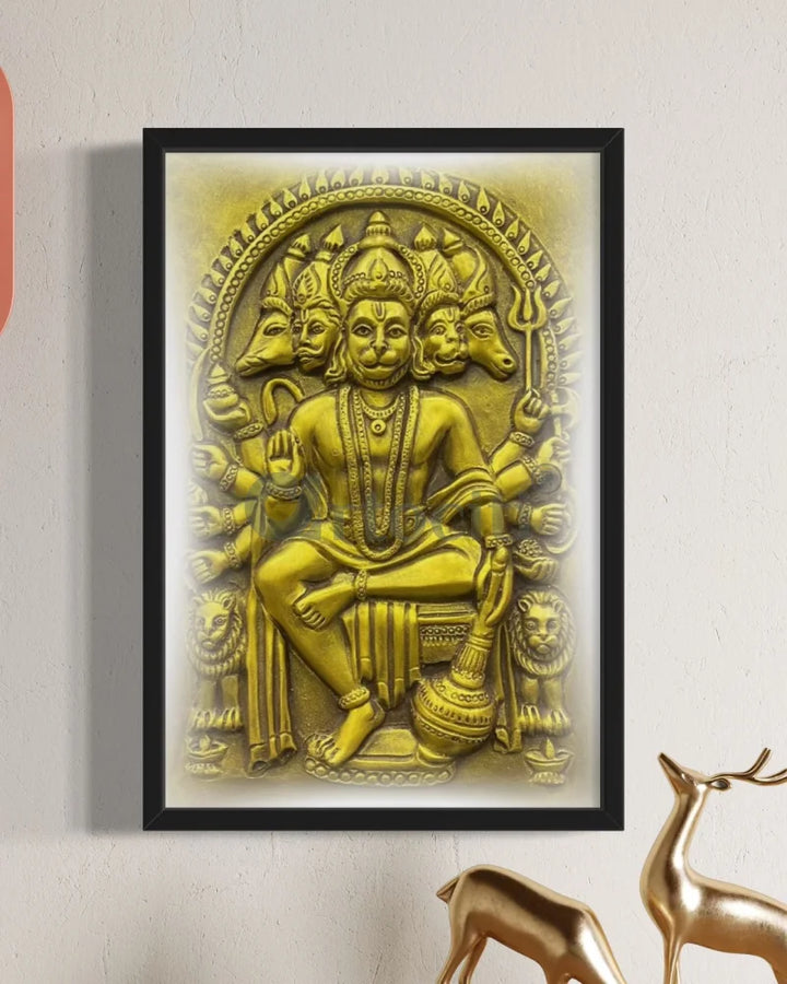 Panchmukhi Hanuman 3D Relief Mural Wall Art in 3 sizes 18X12 Inch / Antique Gold / Frame with Led (Black)