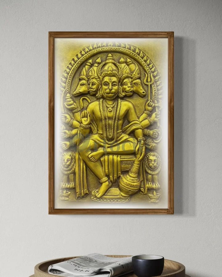 Panchmukhi Hanuman 3D Relief Mural Wall Art in 3 sizes 18X12 Inch / Antique Gold / Frame with Led (Walnut)