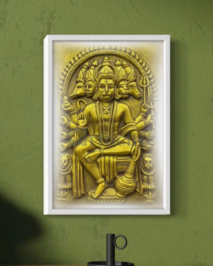 Panchmukhi Hanuman 3D Relief Mural Wall Art in 3 sizes 18X12 Inch / Antique Gold / Frame with Led (White)