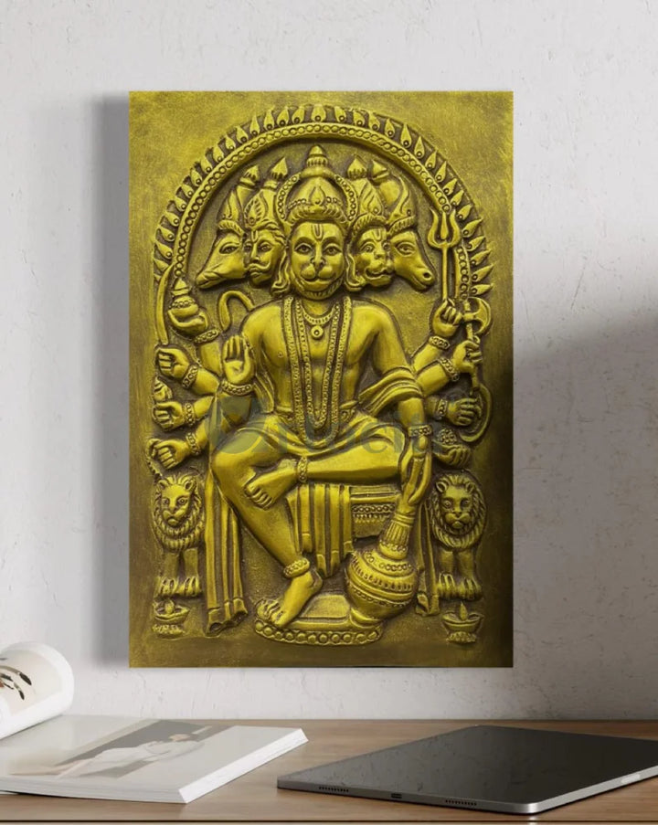 Panchmukhi Hanuman 3D Relief Mural Wall Art in 3 sizes 18X12 Inch / Antique Gold / Frameless