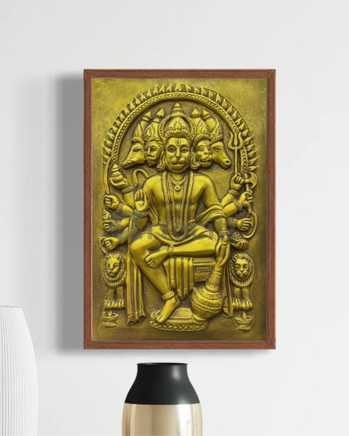 Panchmukhi Hanuman 3D Relief Mural Wall Art in 3 sizes 18X12 Inch / Antique Gold / Wooden Frame