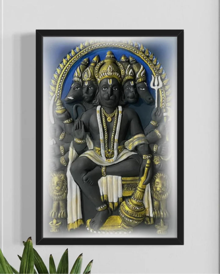 Panchmukhi Hanuman 3D Relief Mural Wall Art in 3 sizes 18X12 Inch / Multi / Frame with Led (Black)