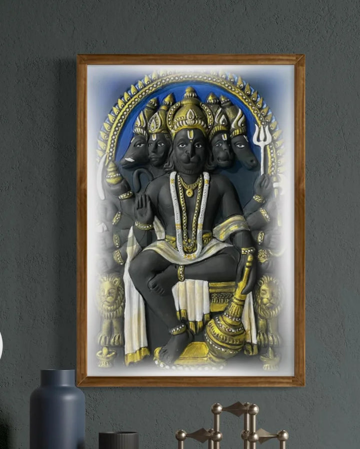 Panchmukhi Hanuman 3D Relief Mural Wall Art in 3 sizes 18X12 Inch / Multi / Frame with Led (Walnut)