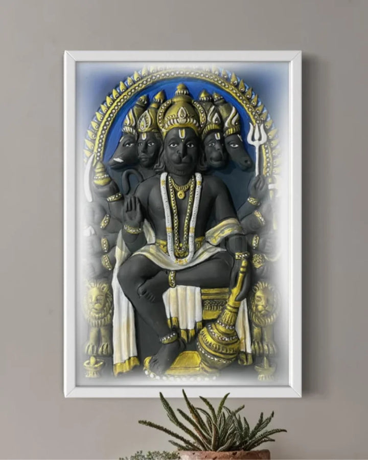 Panchmukhi Hanuman 3D Relief Mural Wall Art in 3 sizes 18X12 Inch / Multi / Frame with Led (White)