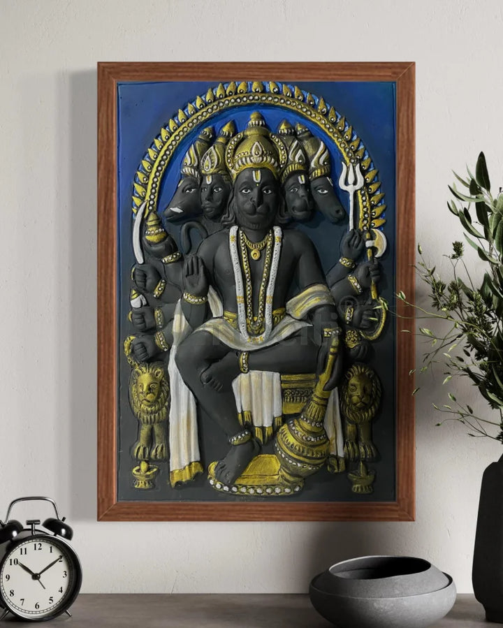 Panchmukhi Hanuman 3D Relief Mural Wall Art in 3 sizes 18X12 Inch / Multi / Wooden Frame