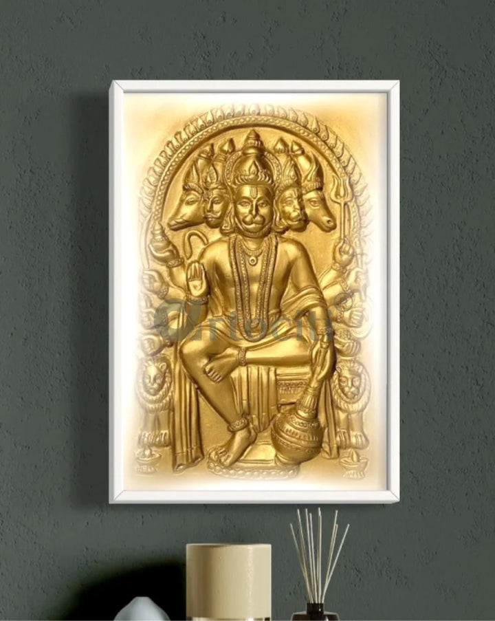 Panchmukhi Hanuman 3D Relief Mural Wall Art in 3 sizes 18X12 Inch / Temple Gold / Frame with Led (White)