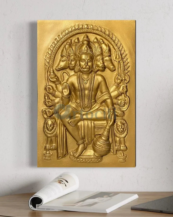 Panchmukhi Hanuman 3D Relief Mural Wall Art in 3 sizes 18X12 Inch / Temple Gold / Frameless