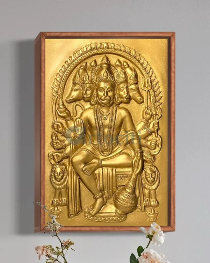 Panchmukhi Hanuman 3D Relief Mural Wall Art in 3 sizes 18X12 Inch / Temple Gold / Wooden Frame