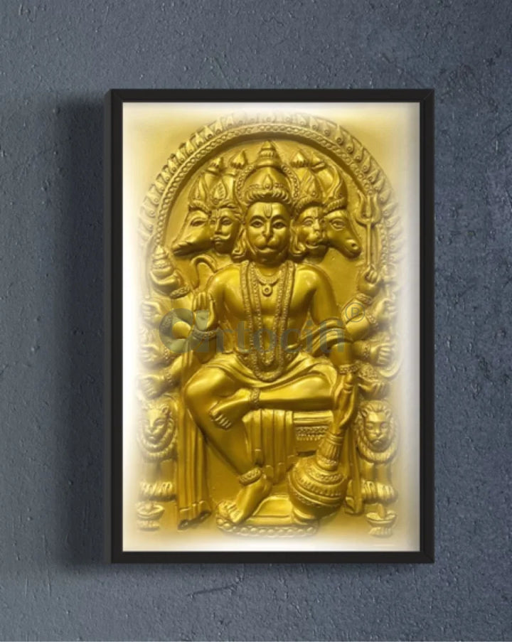 Panchmukhi Hanuman 3D Relief Mural Wall Art in 3 sizes 18X12 Inch / Temple Gold / Frame with Led (Black)
