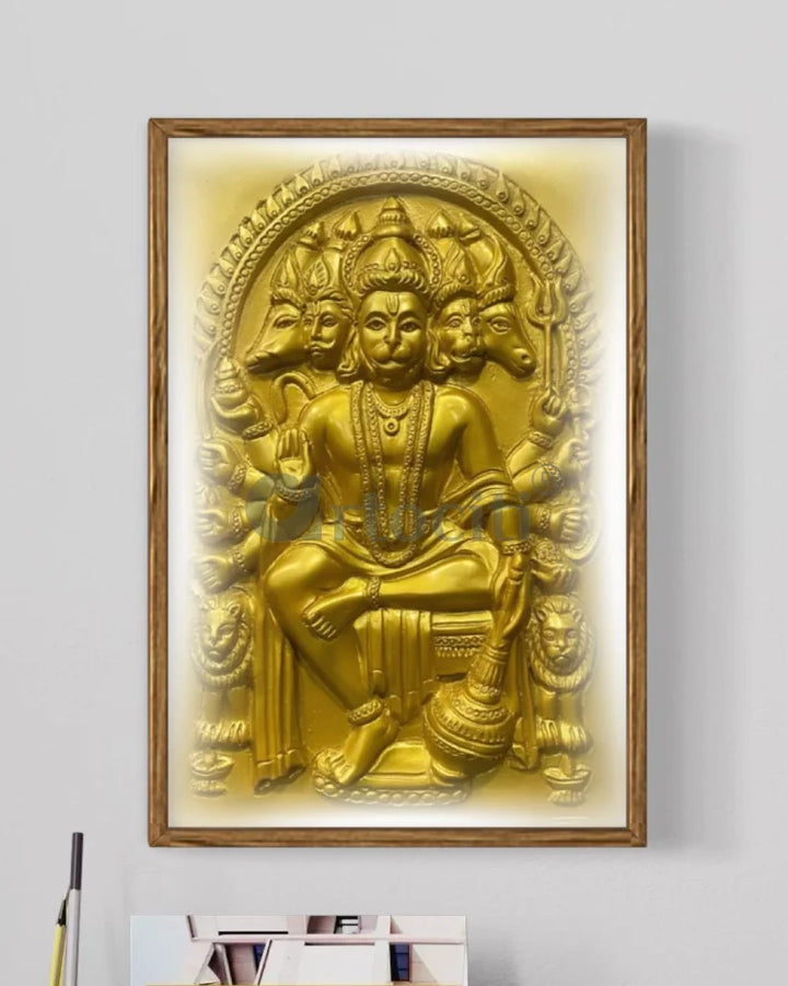 Panchmukhi Hanuman 3D Relief Mural Wall Art in 3 sizes 18X12 Inch / Temple Gold / Frame with Led (Walnut)