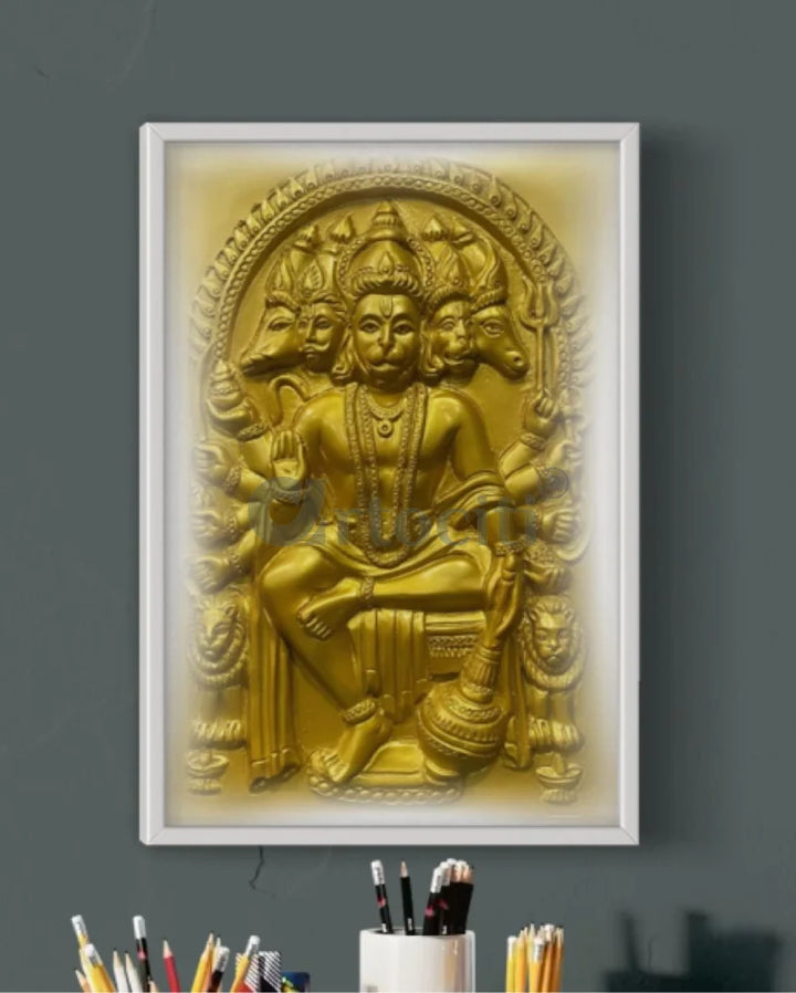 Panchmukhi Hanuman 3D Relief Mural Wall Art in 3 sizes 18X12 Inch / Temple Gold / Frame with Led (White)