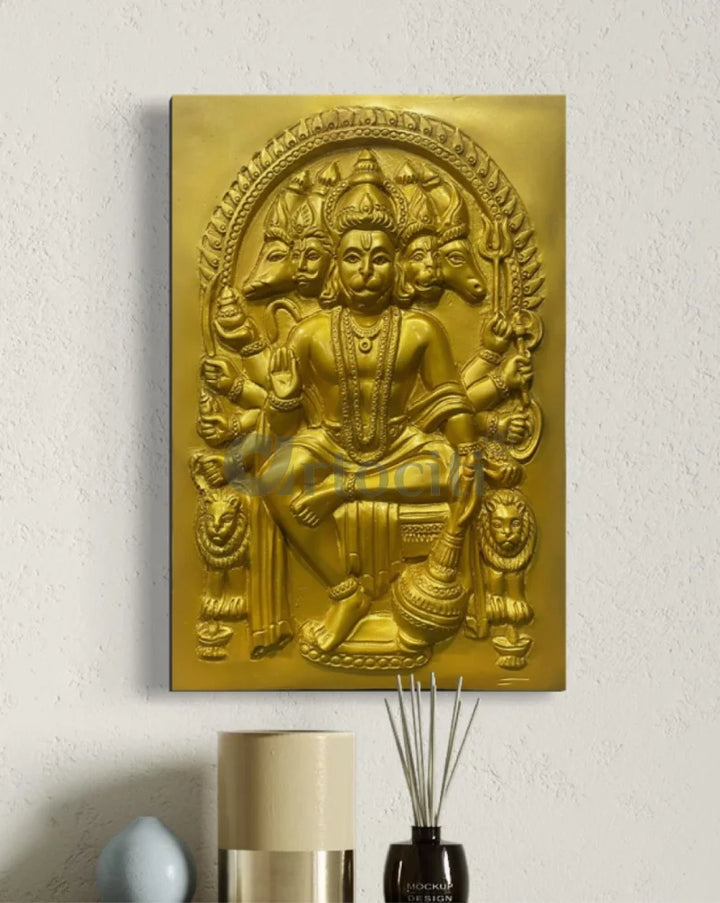 Panchmukhi Hanuman 3D Relief Mural Wall Art in 3 sizes 18X12 Inch / Temple Gold / Frameless