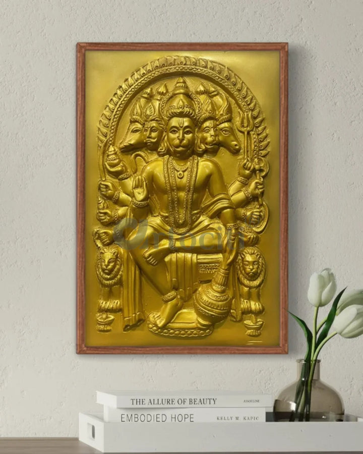 Panchmukhi Hanuman 3D Relief Mural Wall Art in 3 sizes 18X12 Inch / Temple Gold / Wooden Frame