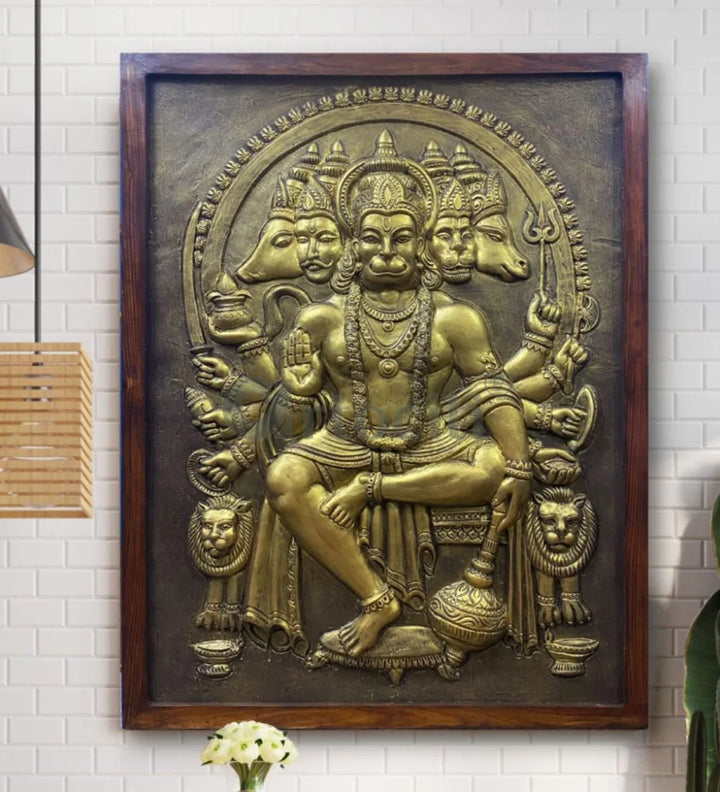 Panchmukhi Hanuman 3D Relief Mural Wall Art in 3 sizes Golden / 48X36 inches / Framed (Ready to hang)