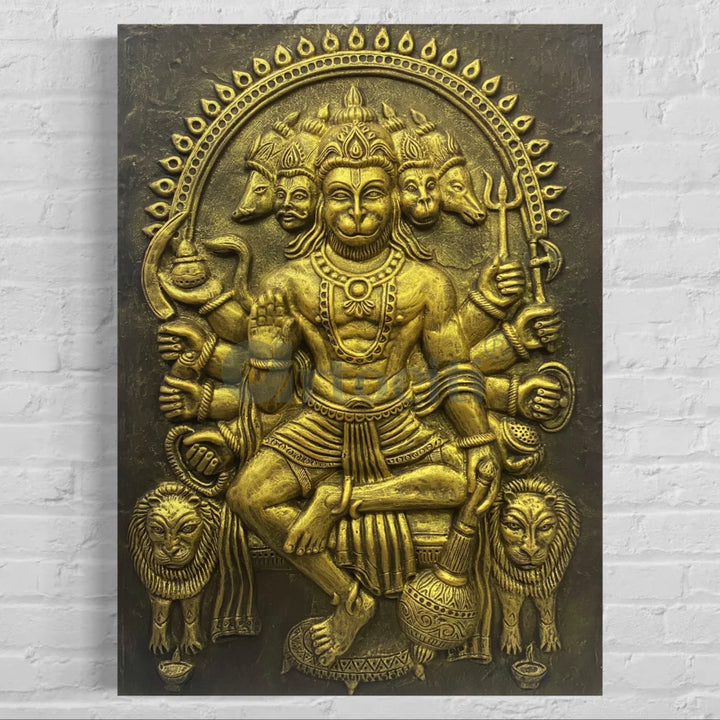 Panchmukhi Hanuman 3D Relief Mural Wall Art in 3 sizes Golden / 36X28 inches / Frameless (Ready to hang)
