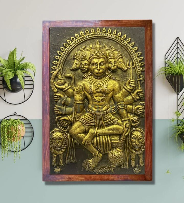 Panchmukhi Hanuman 3D Relief Mural Wall Art in 3 sizes Golden / 36X28 inches / Framed (Ready to hang)