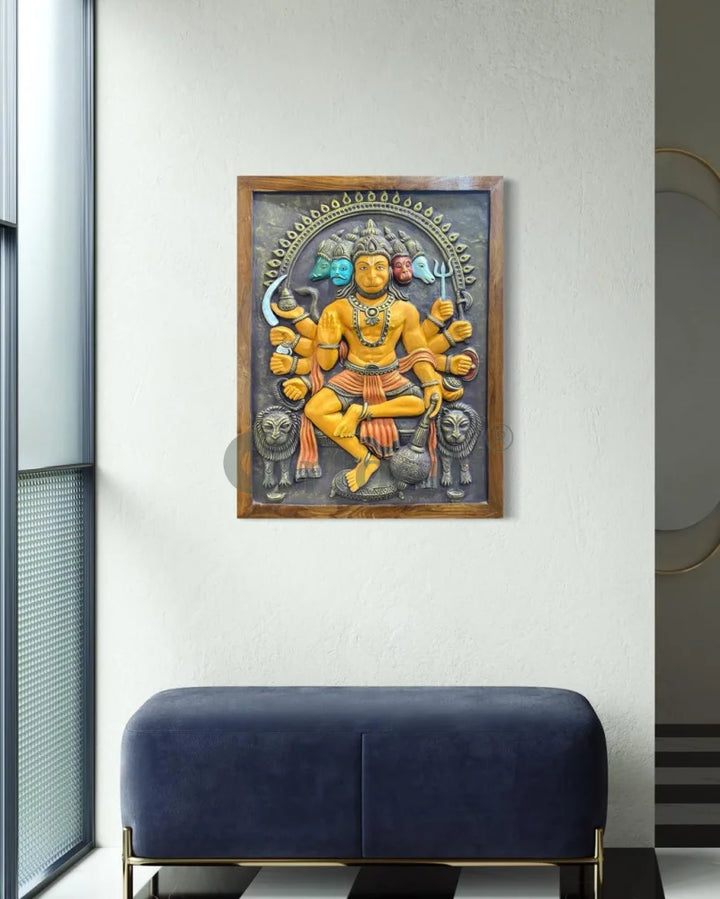 Panchmukhi Hanuman 3D Relief Mural Wall Art in 3 sizes 36X28 Inch / Multi / Wooden Frame