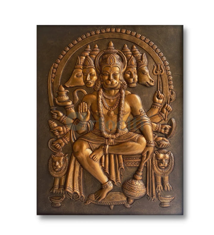 Panchmukhi Hanuman 3D Relief Mural Wall Art in 3 sizes Bronze / 48X36 inches / Frameless (Ready to hang)