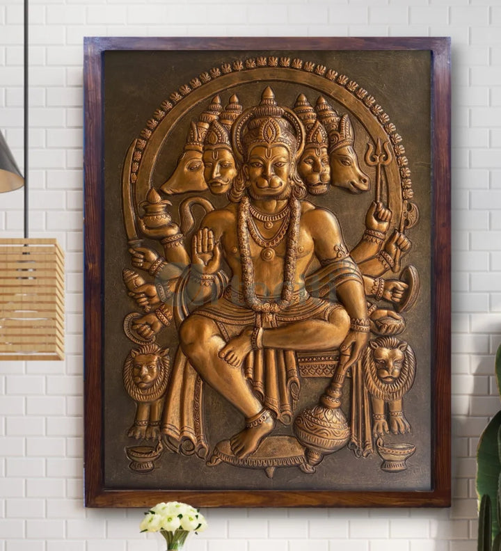Panchmukhi Hanuman 3D Relief Mural Wall Art in 3 sizes Bronze / 48X36 inches / Framed (Ready to hang)