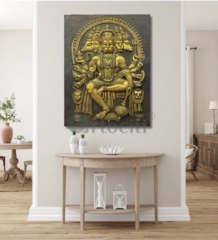 Panchmukhi Hanuman 3D Relief Mural Wall Art in 3 sizes Golden / 48X36 inches / Frameless (Ready to hang)
