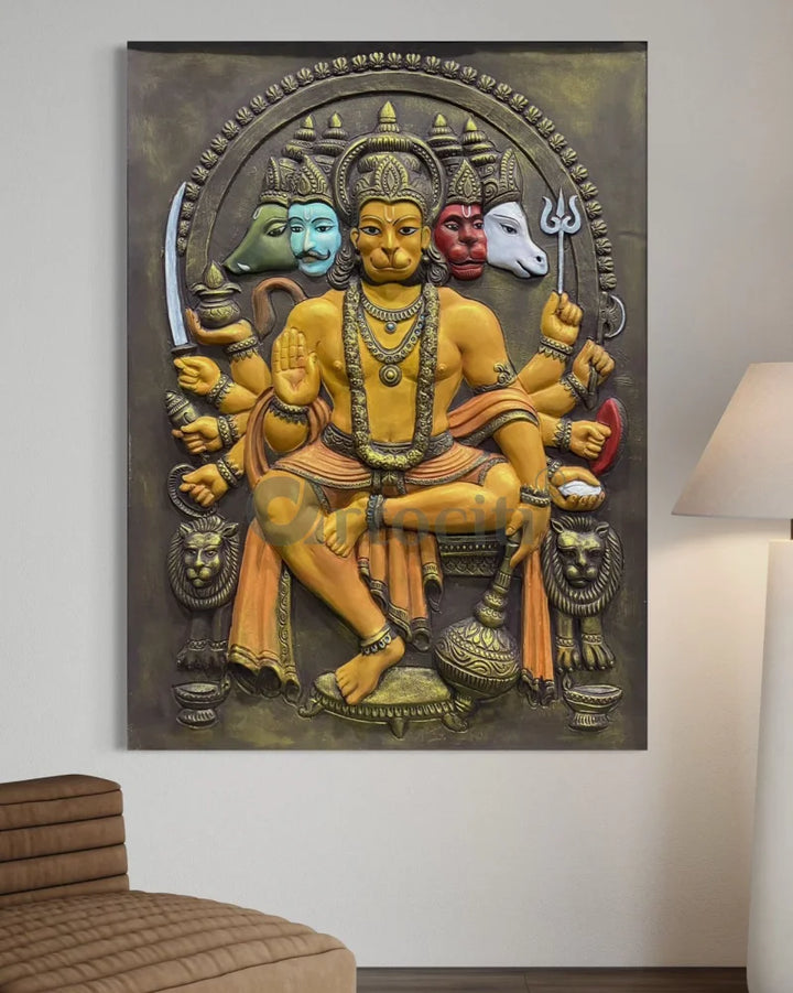 Panchmukhi Hanuman 3D Relief Mural Wall Art in 3 sizes 48X36 Inch / Multi / Frameless