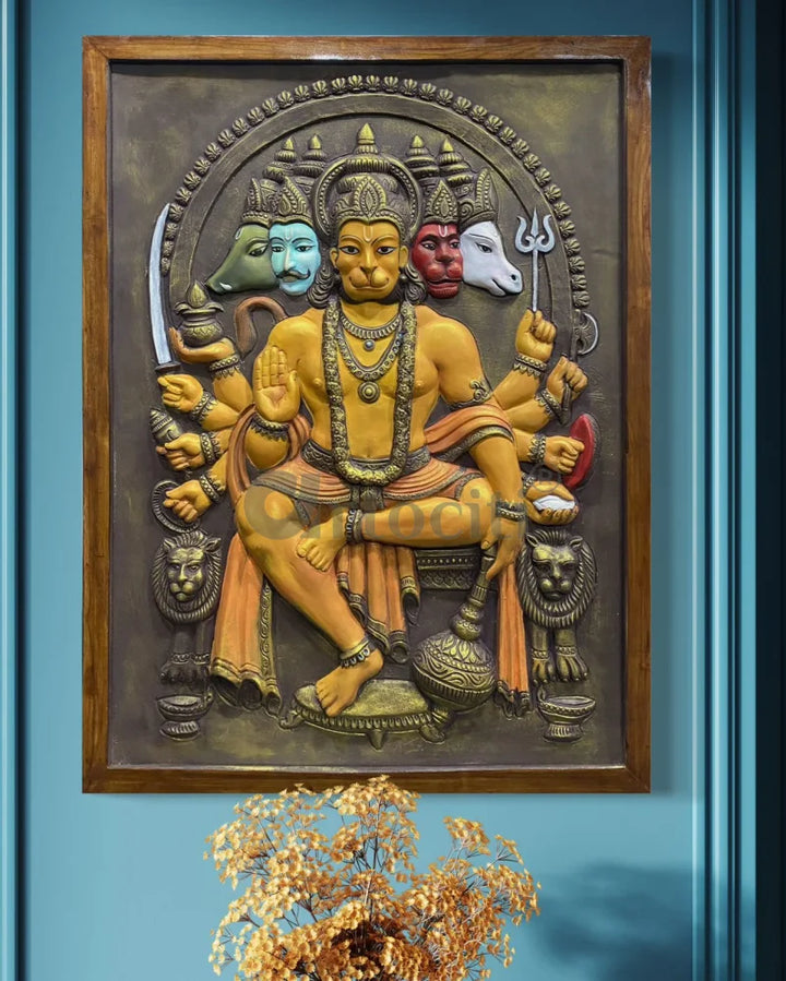 Panchmukhi Hanuman 3D Relief Mural Wall Art in 3 sizes 48X36 Inch / Multi / Wooden Frame