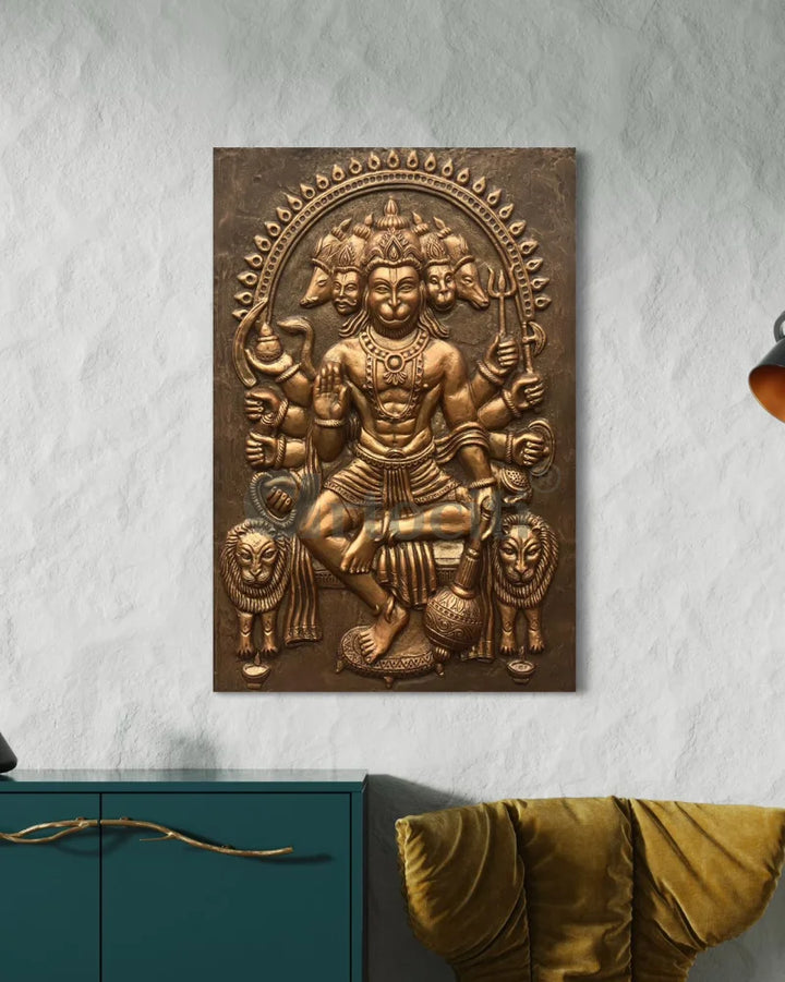 Panchmukhi Hanuman 3D Relief Mural Wall Art in 3 sizes Bronze / 36X28 inches / Frameless (Ready to hang)