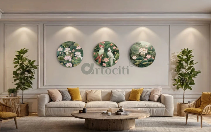 Pichwai Jungle Trio - Lotus & Bird Canvas Giclee Print (Set of 3) 16X16 Inch