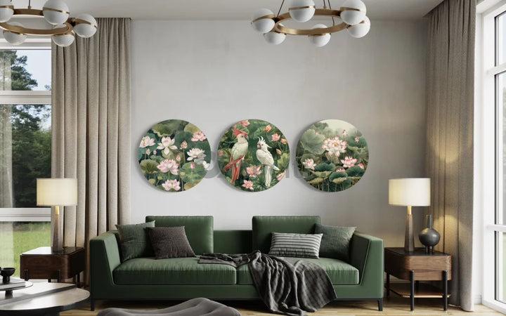 Pichwai Jungle Trio - Lotus & Bird Canvas Giclee Print (Set of 3) 32X32 Inch