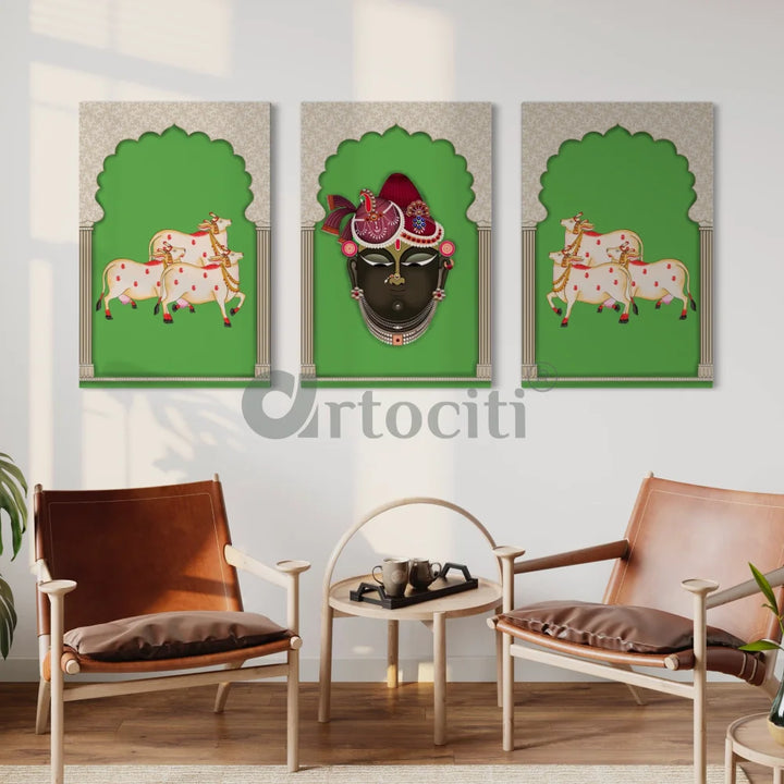 Pichwai Shrinath Ji Canvas Set with Cows and Elegance GREEN / 24X16 INCHES Pichwai Painting
