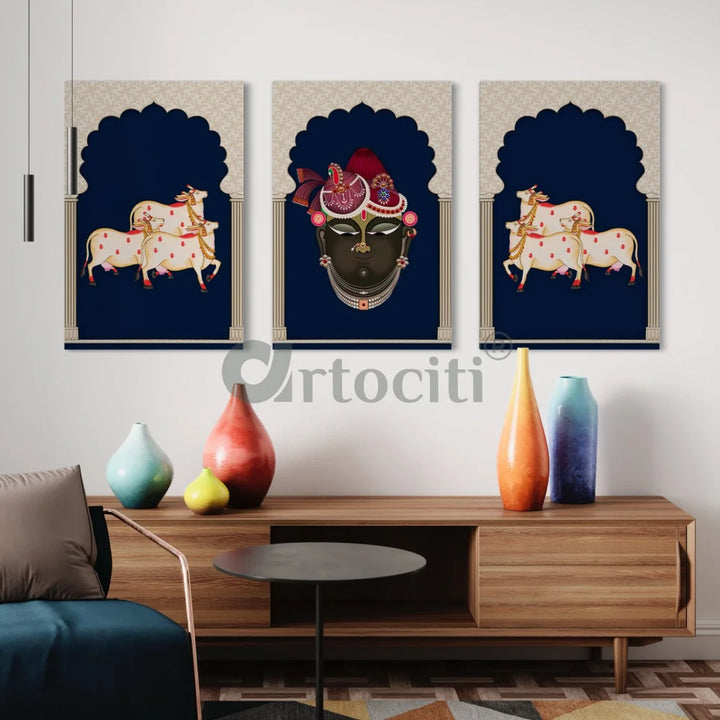 Pichwai Shrinath Ji Canvas Set with Cows and Elegance NAVY BLUE / 24X16 INCHES Pichwai Painting