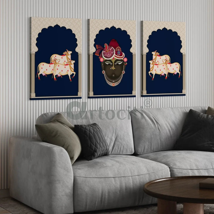 Pichwai Shrinath Ji Canvas Set with Cows and Elegance NAVY BLUE / 30X20 INCHES Pichwai Painting