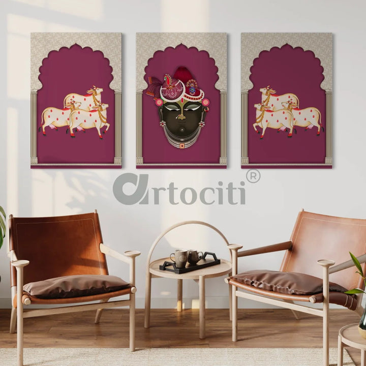 Pichwai Shrinath Ji Canvas Set with Cows and Elegance PINK / 24X16 INCHES Pichwai Painting