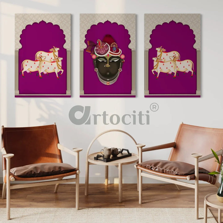 Pichwai Shrinath Ji Canvas Set with Cows and Elegance PURPLE / 24X16 INCHES Pichwai Painting