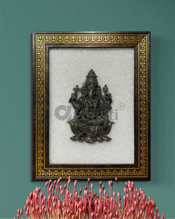 Pyrite Lord Ganesha Relief Mural on Selenite Plate Frame | 9.5X7.5 Inches | Framed Wall & Tabletop Decor 9.5X7.5 Inch