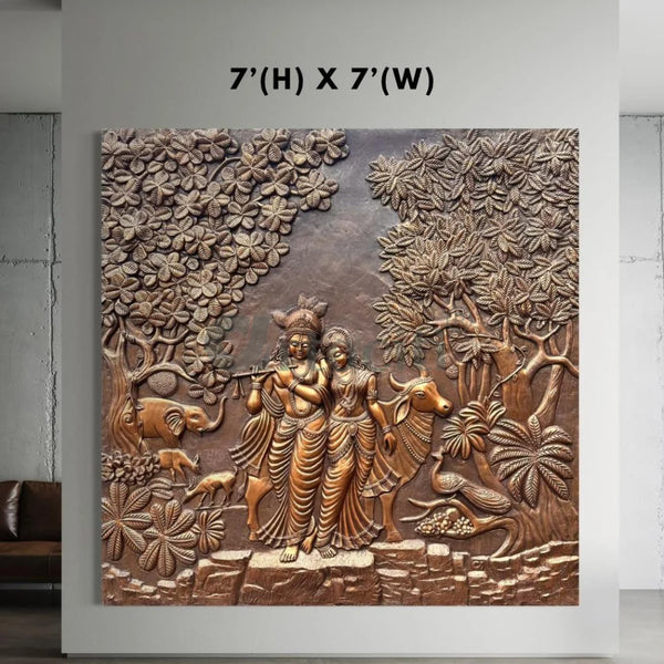 Radha Krishna 3D Elevation Sculpture Relief Mural Wall Art | Multiple Size Available 7(H)X7(W) Feet / Bronze