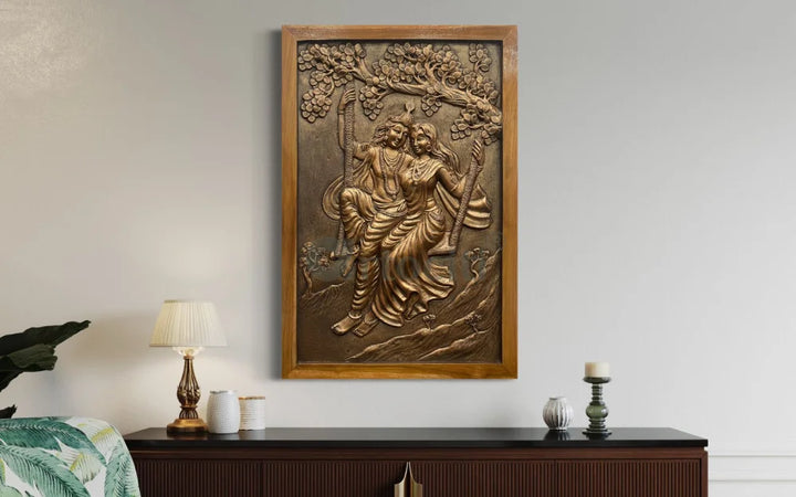 Radha Krishna 3D Relief Mural Wall Art 3X2 feet / Bronze / Framed