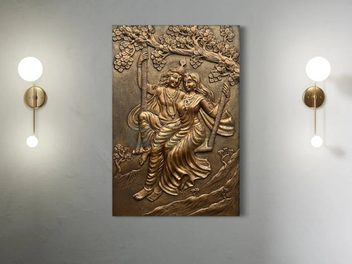 Radha Krishna 3D Relief Mural Wall Art 3X2 feet / Bronze / Unframed (ready to hang)