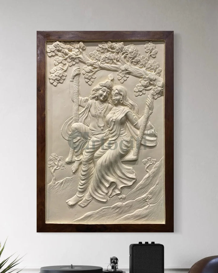 Radha Krishna 3D Relief Mural Wall Art 3X2 feet / Cream / Framed