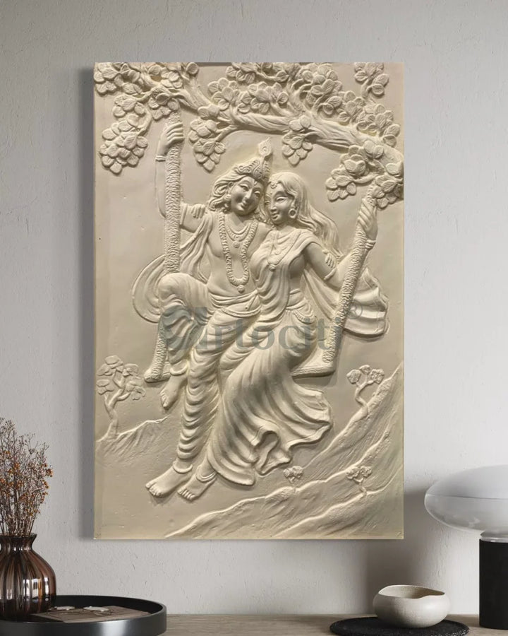 Radha Krishna 3D Relief Mural Wall Art 3X2 feet / Cream / Unframed (ready to hang)