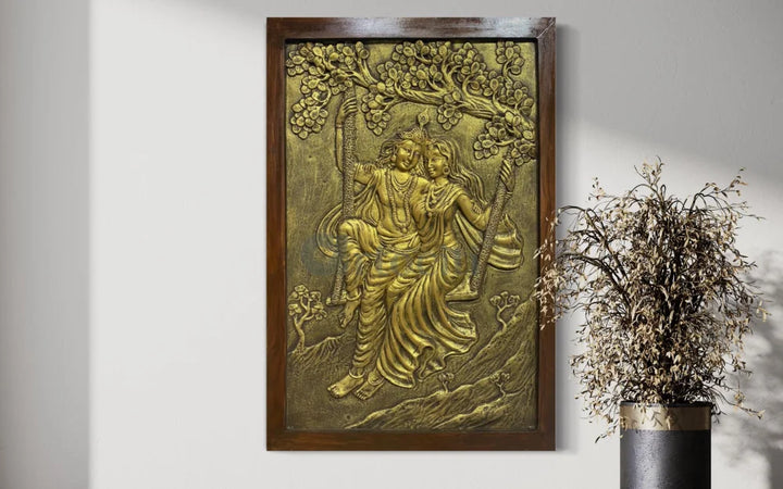 Radha Krishna 3D Relief Mural Wall Art 3X2 feet / Golden / Framed