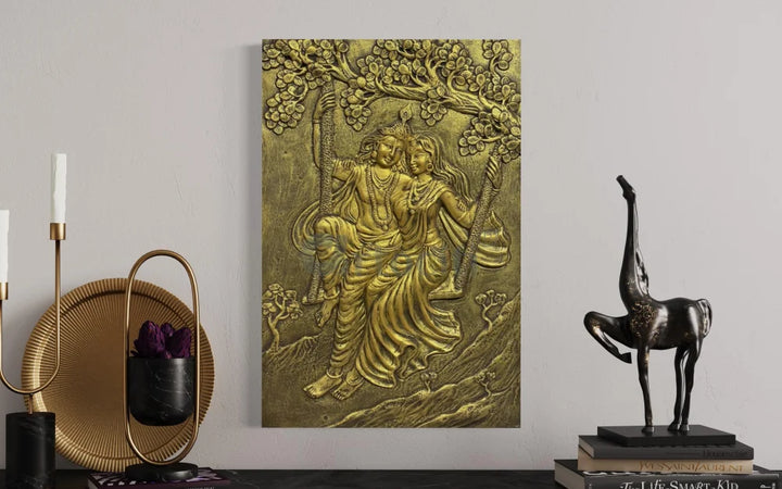 Radha Krishna 3D Relief Mural Wall Art 3X2 feet / Golden / Unframed (ready to hang)