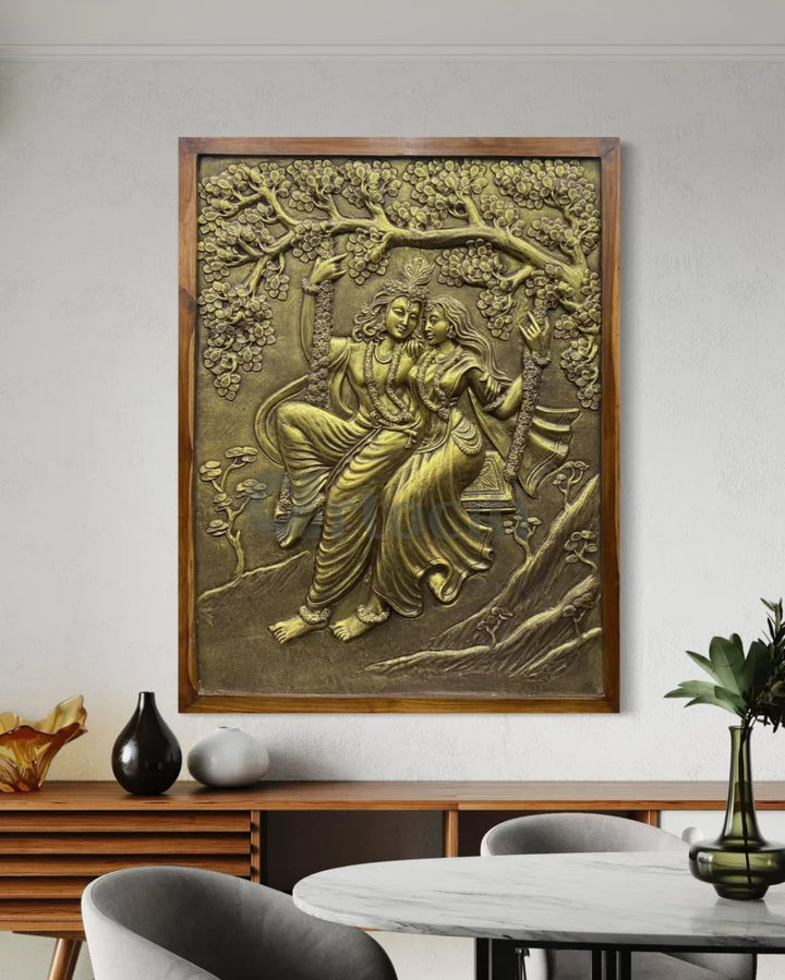 Radha Krishna 3D Relief Mural Wall Art 4X3 feet / Golden / Framed